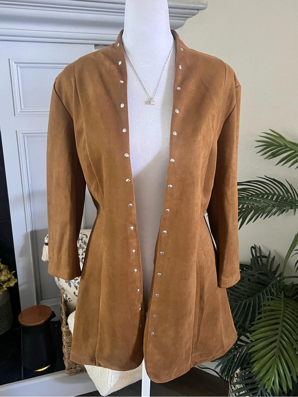 Love Scarlett Camel Suede Open Front Blazer with Stud Detail